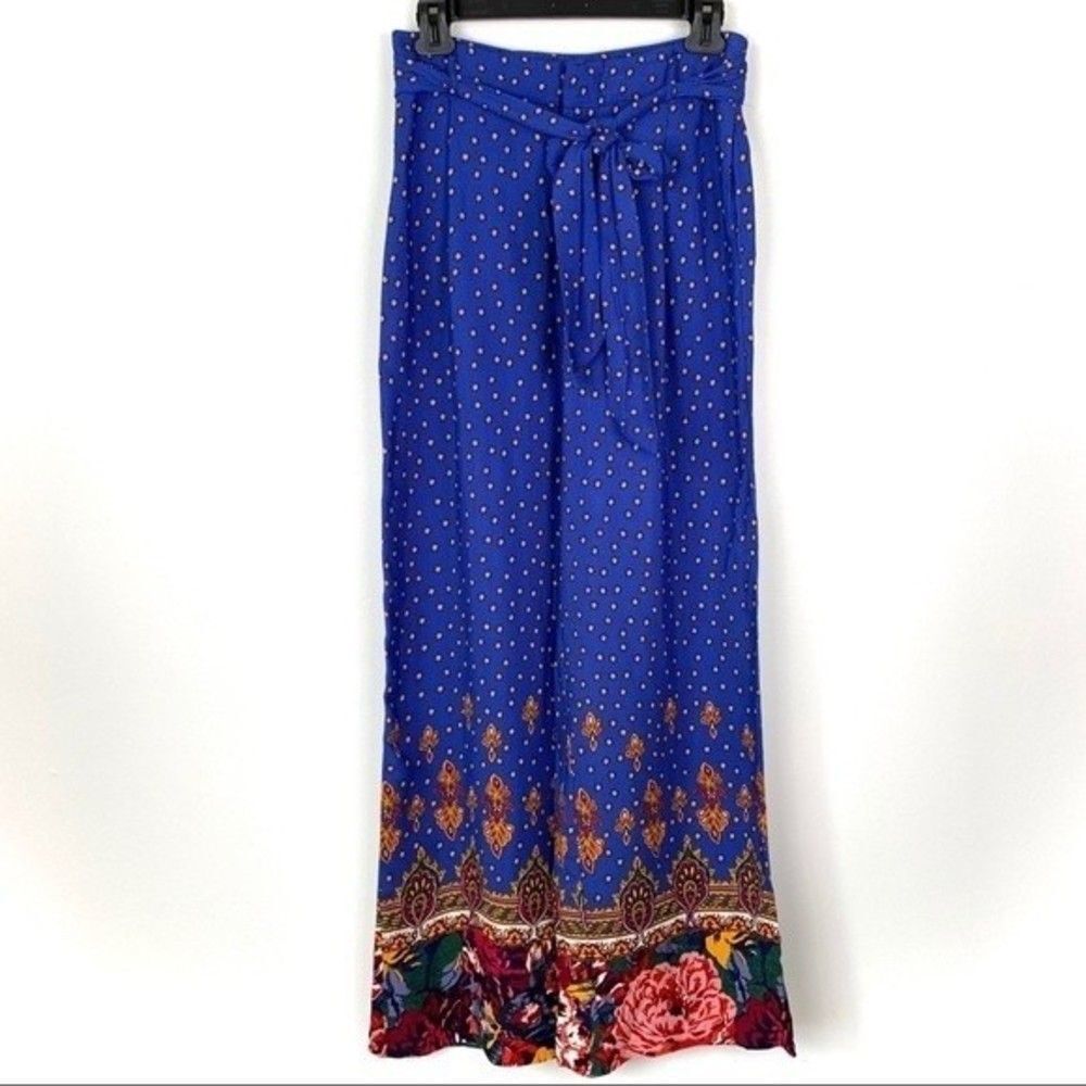 Anthropologie Ett:Twa Floral Wide Leg Pants Indigo Blue Gold Bohemian Size 0 NWT